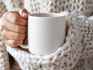 Obraz na płótnie Canvas close-up, a girl in a knitted sweater holds a white cup of coffee, tea with one hand