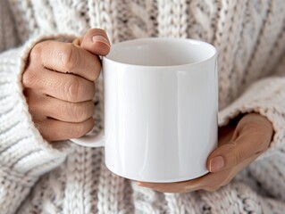 close-up, a girl in a knitted sweater holds a white cup of coffee, tea with one hand