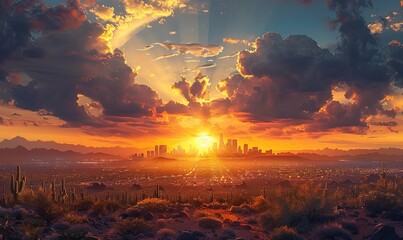 View of the metropolis during sunset from the desert with cacti