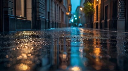 rainy day in the city, rainy day scene, empty street, rain drops on the ground