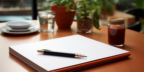 Pen and notebook on a wooden table in a coffee shop, stock photo