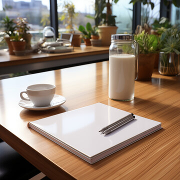 Blank paper and pen on wooden table in coffee shop, stock photo