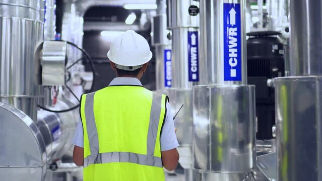 engineer work on chiller plant. worker checking pipe on chiller water plant.	