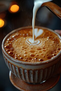 Close-up of a skilled barista pouring steamed milk into a cup of espresso, creating a beautiful latte art pattern