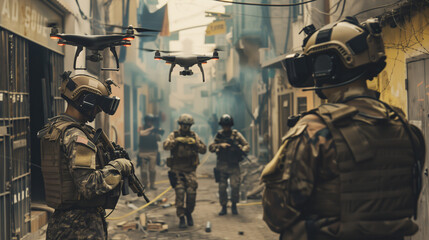 In the midst of a dusty street, soldiers engage with flying drones, for surveillance or communication during an urban military operation. Modern warfare where technology complements ground troops