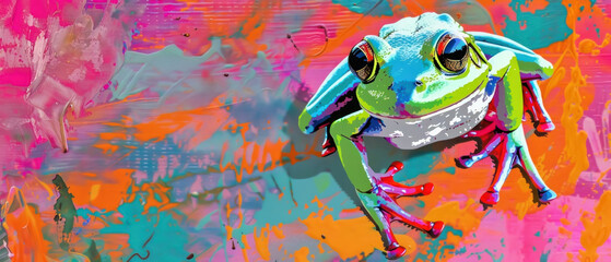 Joyful Leap, Frog on a vibrant background, Whimsical Wildlife - obrazy, fototapety, plakaty