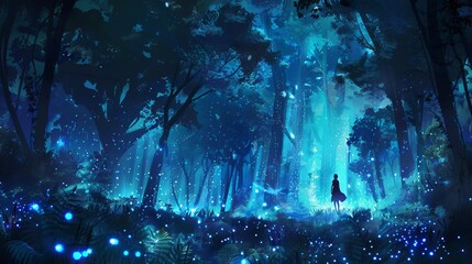 Enchanted forest with bioluminescent plants and fairy silhouettes, fantasy digital painting