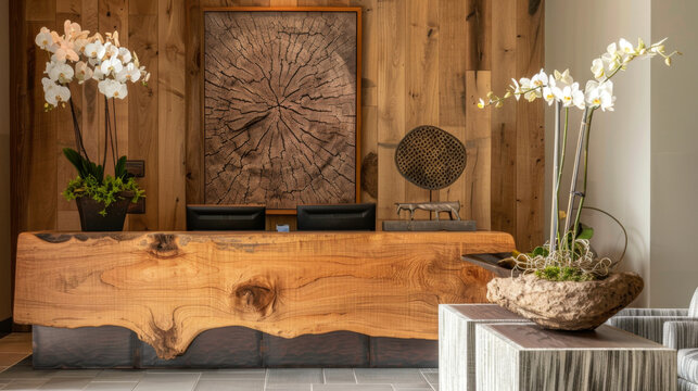Elegant reception area featuring a wooden desk, natural decor elements, and a tranquil atmosphere for visitors in a stylish establishment