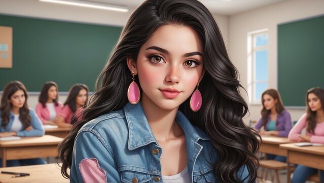 Illustrated portrait of a cute beautiful young woman sitting in a classroom with other students in the background