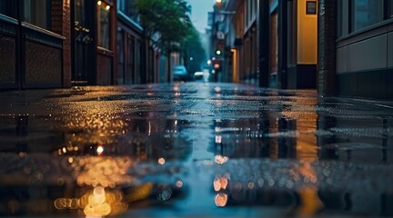 rainy day in the city, rainy day scene, empty street, rain drops on the ground - obrazy, fototapety, plakaty