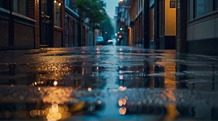 Foto op Canvas rainy day in the city, rainy day scene, empty street, rain drops on the ground © Gegham