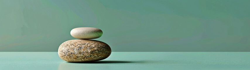 Minimalist zen concept with round stone on smooth green backdrop, simplicity and balance in design - obrazy, fototapety, plakaty