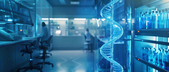 State-of-the-art laboratory with glowing blue DNA helix visualization, scientific discovery and high-tech medical research theme - obrazy, fototapety, plakaty