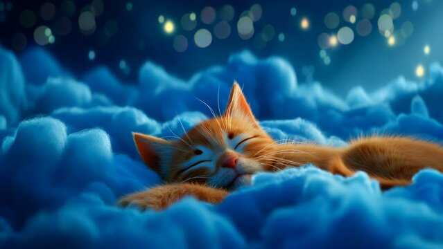 Sleeping kitten in cloud and starry sky. seamless looping 4k time-lapse animation video background