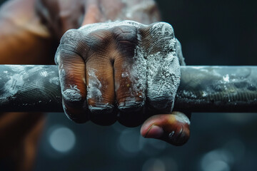 A man's hand is gripping a bar with chalk on it. Concept of determination and focus, as the man is likely preparing for a workout or competition - obrazy, fototapety, plakaty