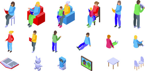 Nanny reading kids icons set isometric vector. Family caring. Home caretaker