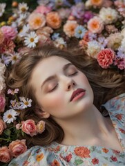 A dreamy beauty of about twenty with youthful eyes lies in the wildflowers - 761573580