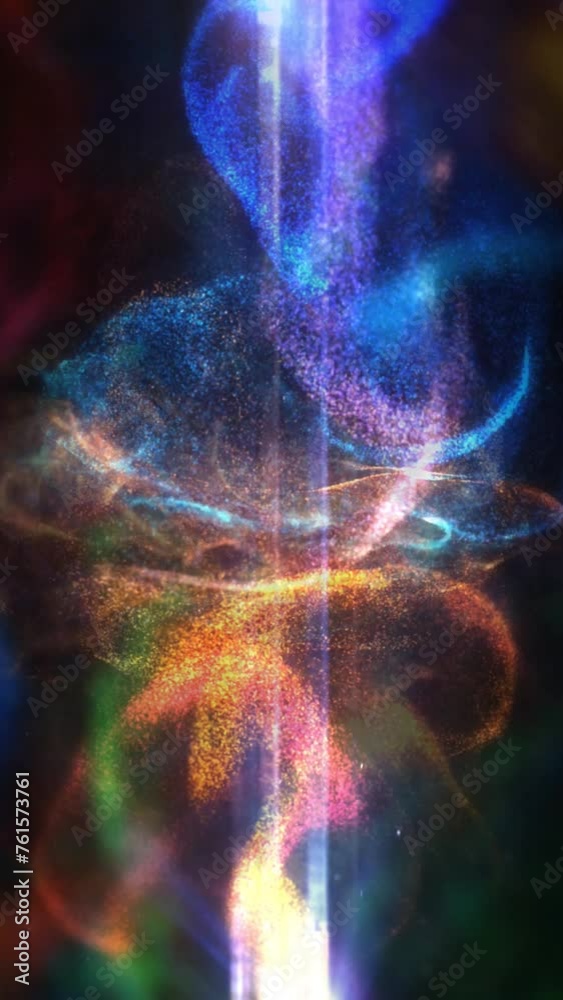 Wall mural vertical blue and gold particle collision 4k loop features a rainbow of colored particles with a foc