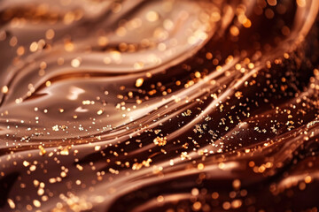 Luxurious abstract of molten chocolate waves sprinkled with golden particles, suggesting decadence, gourmet delights, and sensory indulgence - obrazy, fototapety, plakaty