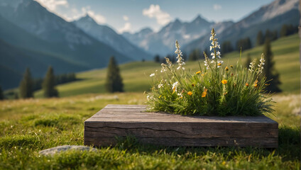 Pristine Podium with an Alpine Meadow for promote Cosmetic Concept