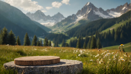 Pristine Podium with an Alpine Meadow for promote Cosmetic Concept - obrazy, fototapety, plakaty