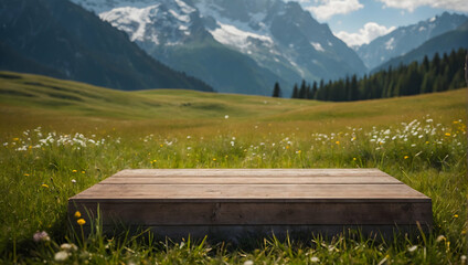 Pristine Podium with an Alpine Meadow for promote Cosmetic Concept - obrazy, fototapety, plakaty