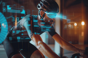 A man wearing a helmet and glasses is riding a bike in a futuristic setting. The image is a representation of the future of cycling, with advanced technology and a sleek design - obrazy, fototapety, plakaty