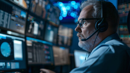 An experienced professional with glasses is focused on a control panel with multiple monitors, indicating a high level of expertise in surveillance and monitoring