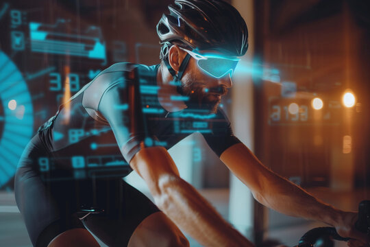 A man wearing a helmet and glasses is riding a bike in a futuristic setting. The image is a representation of the future of cycling, with advanced technology and a sleek design
