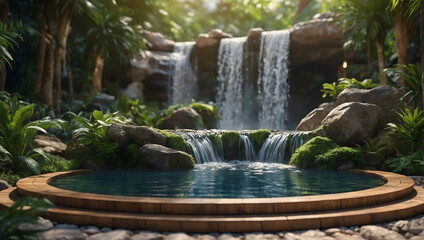 Fototapeta na wymiar Refreshing Podium with a Waterfall Oasis for promote Cosmetic Concept