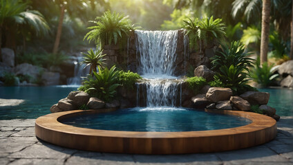 Refreshing Podium with a Waterfall Oasis for promote Cosmetic Concept
