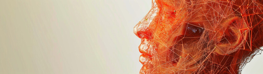 Conceptual digital human head made of network lines, representing artificial intelligence, cybersecurity, and the digital psyche