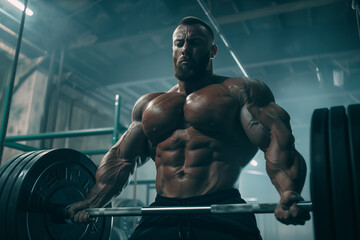 Fototapeta na wymiar A man with a muscular body is holding a weight bar in a gym. Concept of strength and determination, as the man is focused on his workout