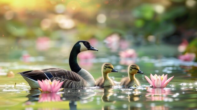 Mother swan and her baby swim in the water of a pond surrounded by pink lilies. Generated AI image