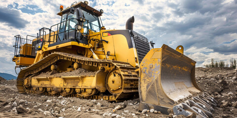 A yellow bulldozer is parked in a field