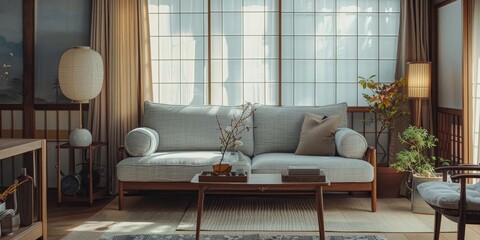 A living room with a couch, coffee table, and potted plants