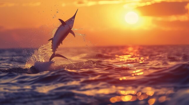 Close up Black marlin fish jumping to mid air over sea at sunset. AI generated image