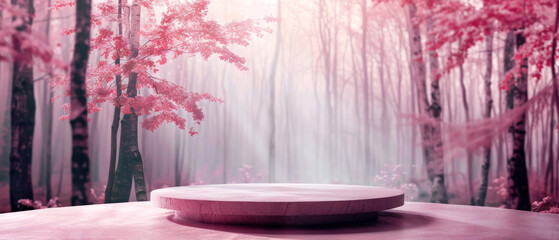 Enchanted pink woodland scene with a central platform, evoking fairy tales, fantasy worlds, and magical experiences