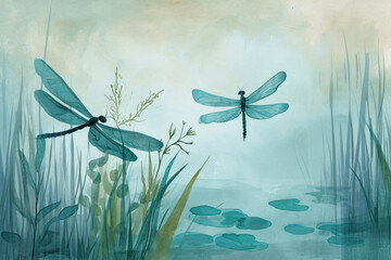 Beautiful watercolor painting of two dragonflies hovering above a tranquil pond with lily pads in the background