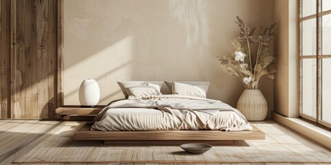 A bedroom with a white bed and a potted plant