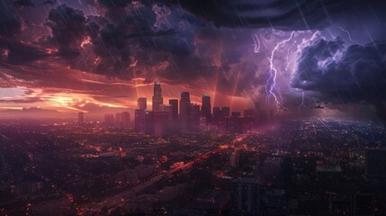 large electrical storm falling over the city of Los Angeles with thunder - obrazy, fototapety, plakaty