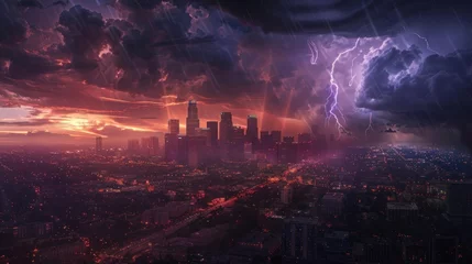 Gordijnen large electrical storm falling over the city of Los Angeles with thunder © Marco
