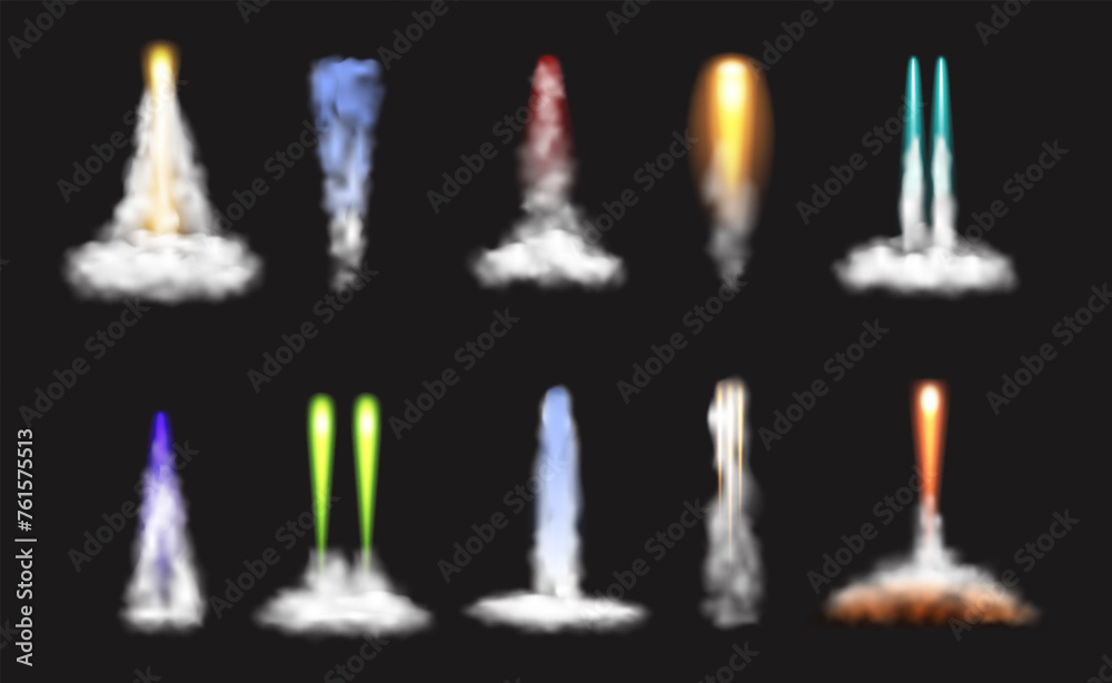 Poster taking off or launching rocket trail, isolated set of flames and fumes, smokes and fire. vector spac