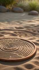 Fototapeta na wymiar Zen Garden Podium with Raked Sand Patterns for promote Cosmetic Concept