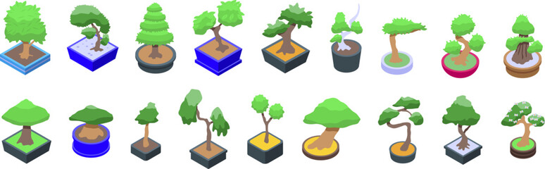 Bonsai tree icons set isometric vector. Japan leaf plant. - obrazy, fototapety, plakaty