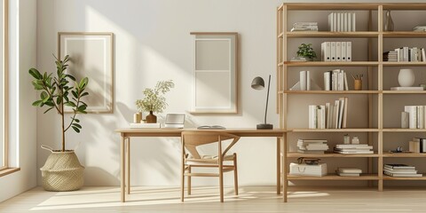 Fototapeta premium A clean and organized office space with a wooden desk and chair, a potted plant