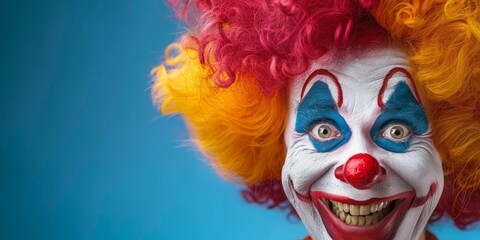 A clown with a big smile and red and yellow hair