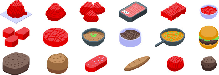 Minced meat icons set isometric vector. Spicy beef. Cooking dinner food - 761575922