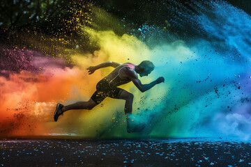 A man is running in the air with colorful powder around him. Concept of energy and excitement, as the man is in motion and surrounded by a vibrant, colorful atmosphere - obrazy, fototapety, plakaty