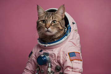 Cat-astronaut in a spacesuit on a pink background.